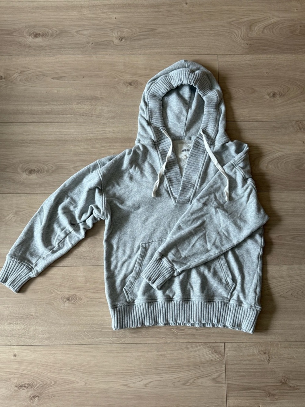 aerie Light Gray V-Neck Hooded Sweater